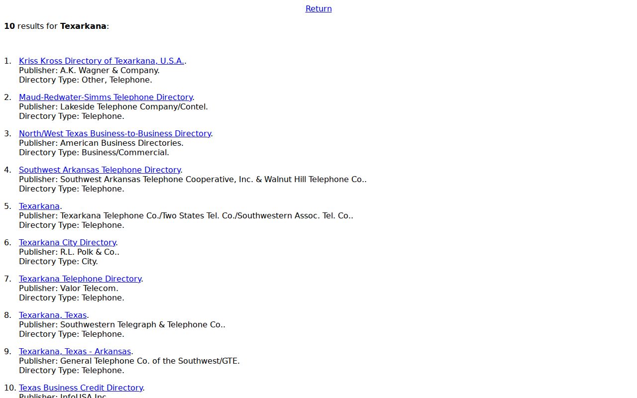 Texarkana city directory holdings in the Briscoe Center database